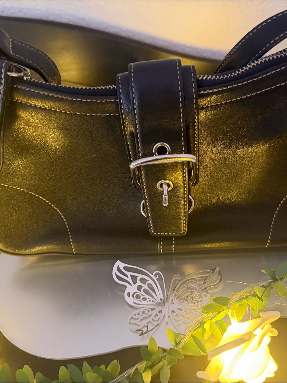 Coach Black Leather Crossbody with Buckle Accent